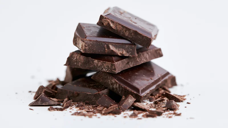 Broken dark chocolate pieces stacked loosely on white background