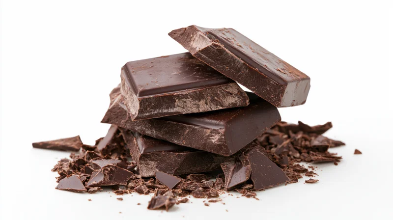Broken dark chocolate squares stacked loosely on white background