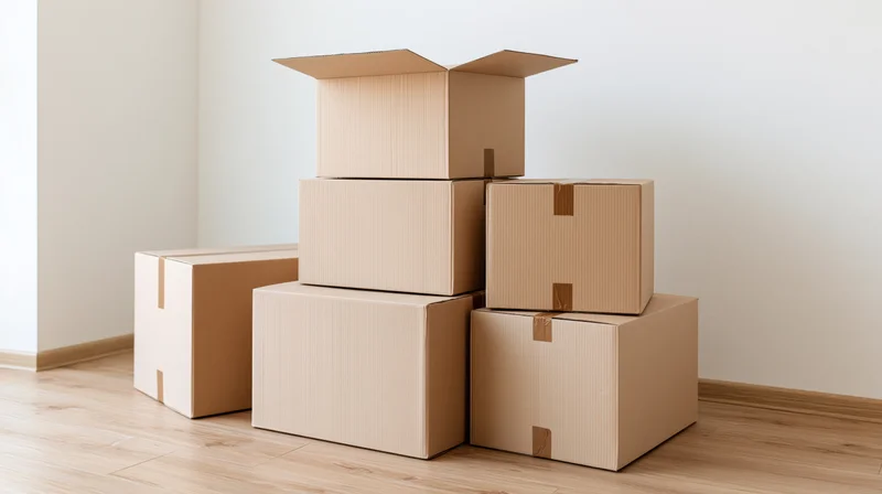 Stacked cardboard moving boxes arranged in a room with wooden floor and white walls