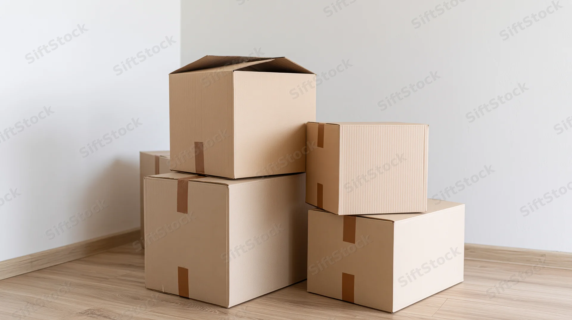 Stacked cardboard moving boxes in a corner of a room with white walls and wooden floor