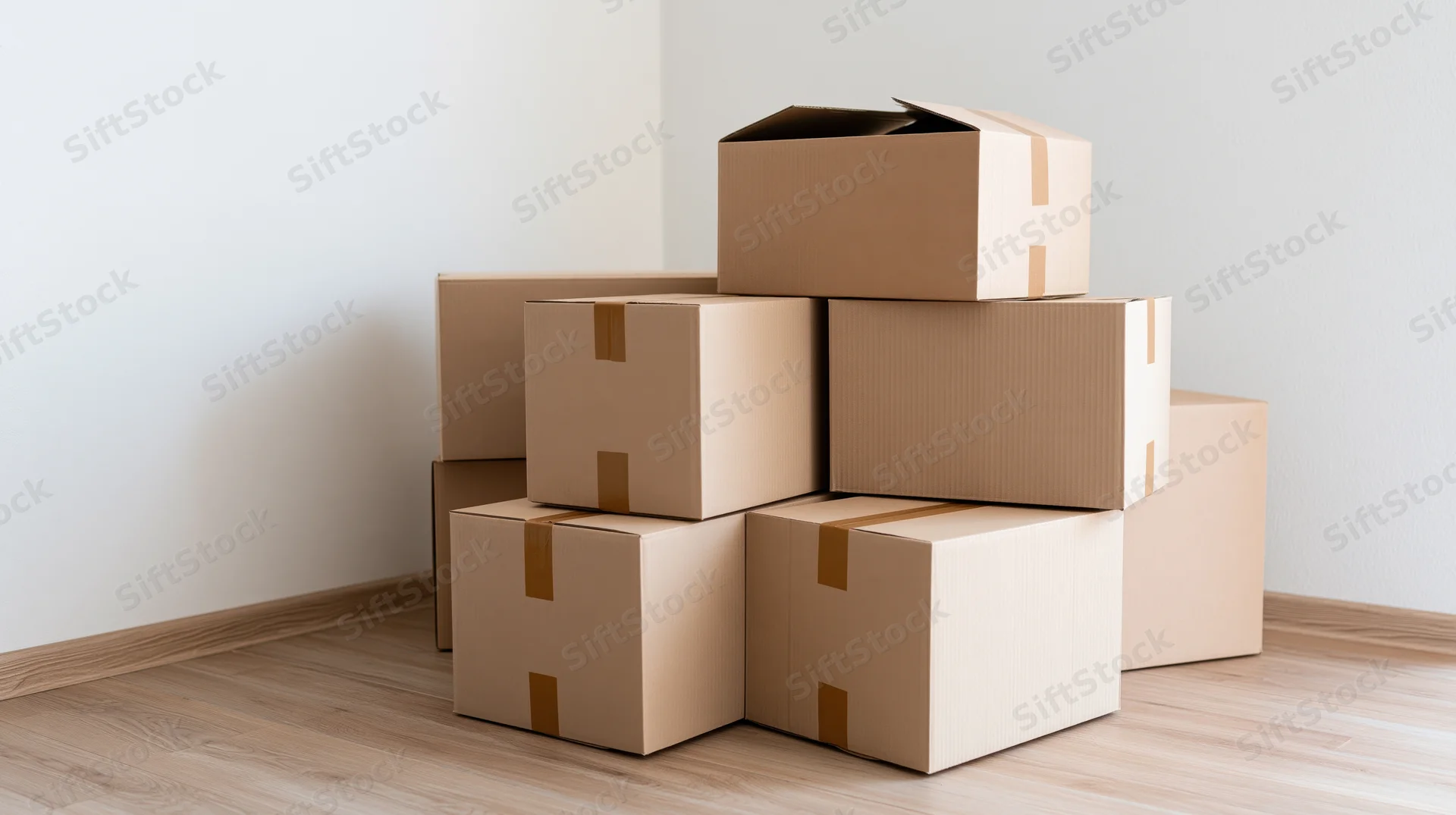 Stacked cardboard moving boxes in a corner of a room with wooden flooring