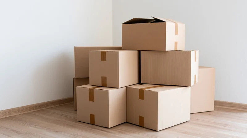 Stacked cardboard moving boxes in a corner of a room with wooden flooring