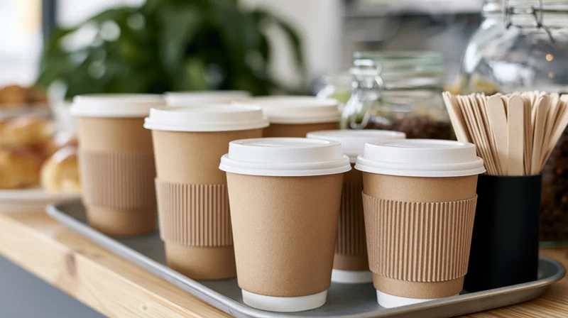 Several kraft paper takeaway coffee cups with white lids arranged on a metal tray on a wooden counter