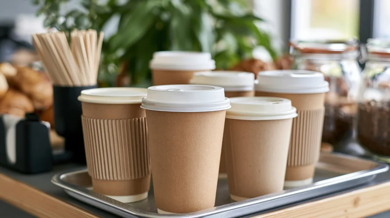 Kraft paper coffee cups with white lids arranged on a metal tray in a cafe setting