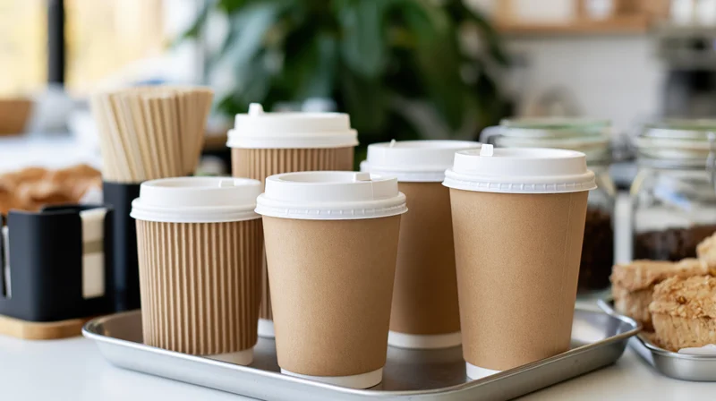 Several kraft paper takeaway coffee cups with white lids arranged on a metal tray in a cafe setting