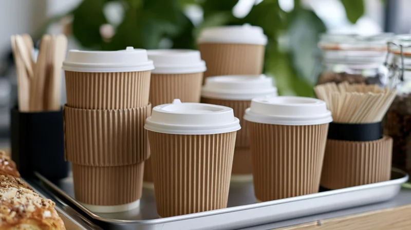 Kraft paper coffee cups with white lids stacked on a metal tray in a cafe setting