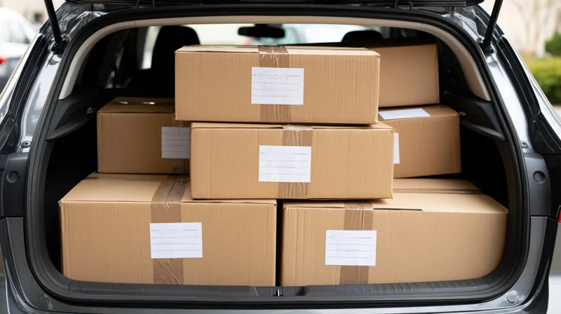 Cardboard moving boxes stacked and packed in the trunk of a car