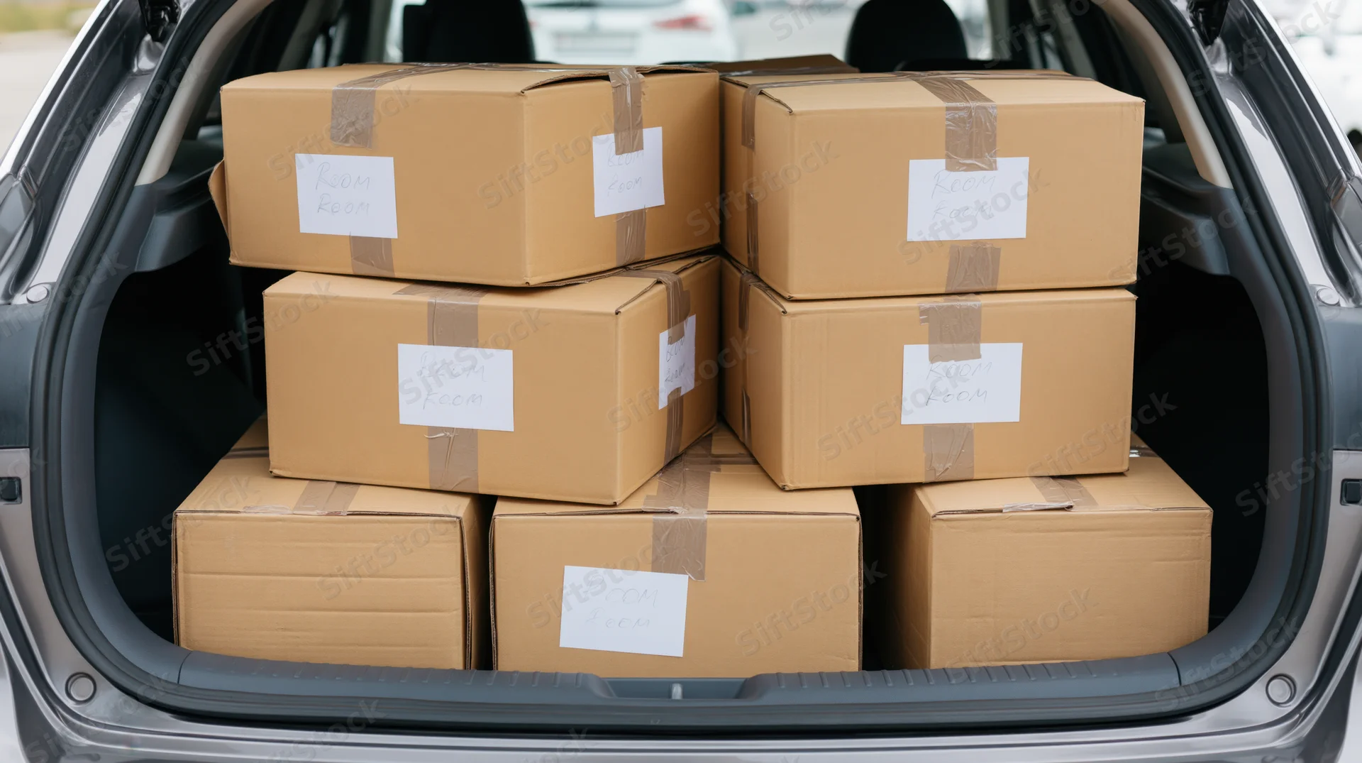 Cardboard moving boxes stacked and packed in the trunk of a car