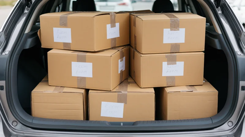 Cardboard moving boxes stacked and packed in the trunk of a car