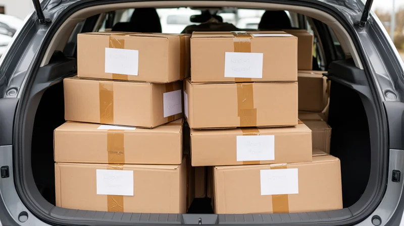 Cardboard boxes stacked and packed in the trunk of a car