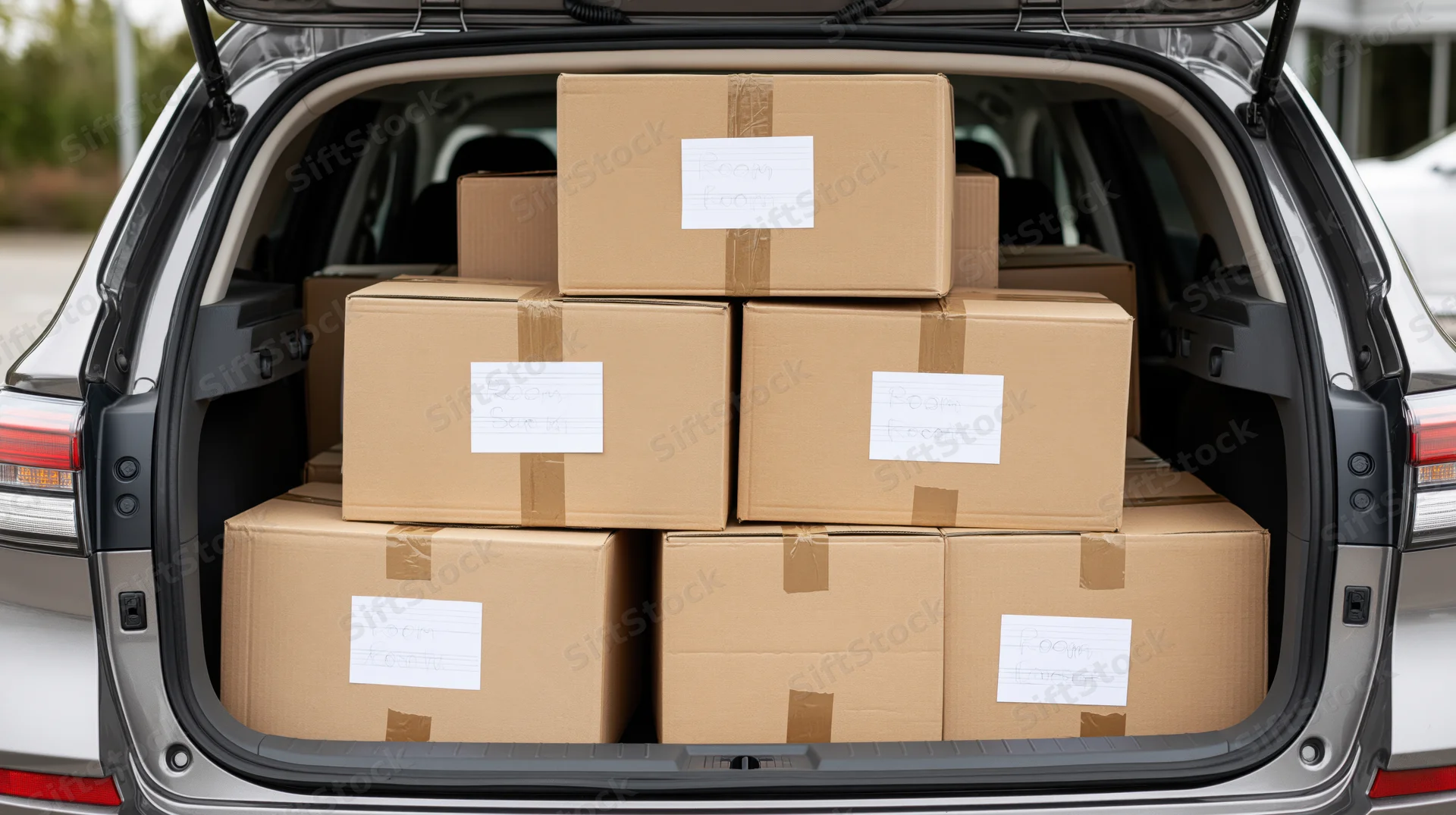 Cardboard moving boxes stacked and packed tightly in the open trunk of an SUV
