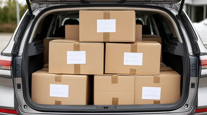 Cardboard moving boxes stacked and packed tightly in the open trunk of an SUV