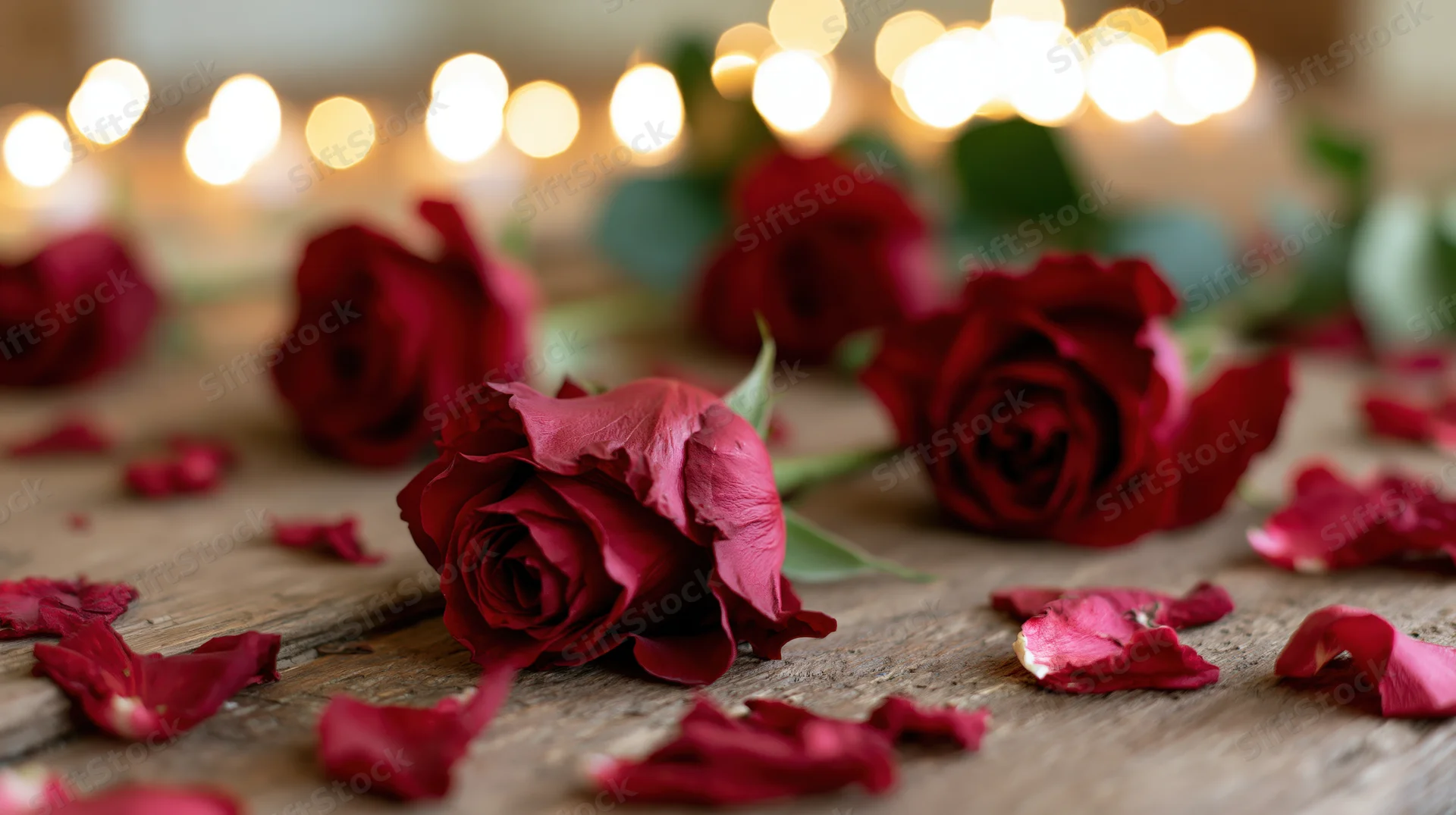 Red roses and scattered petals on a rustic wooden surface with warm bokeh lights in the background