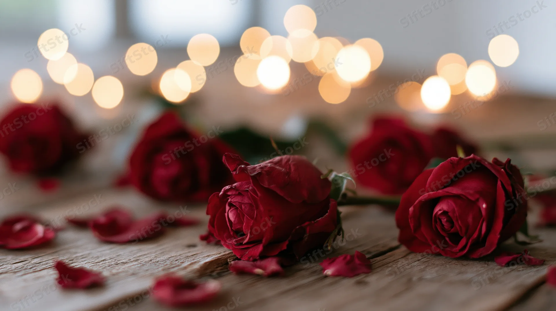 Red roses scattered on rustic wooden surface with soft bokeh lights in background