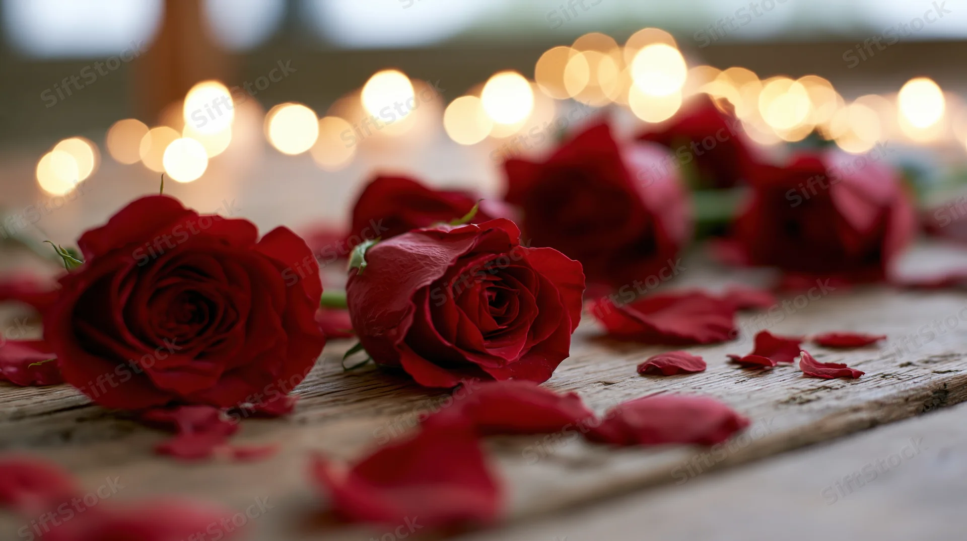 Red roses and petals scattered on rustic wooden surface with warm bokeh lights in background