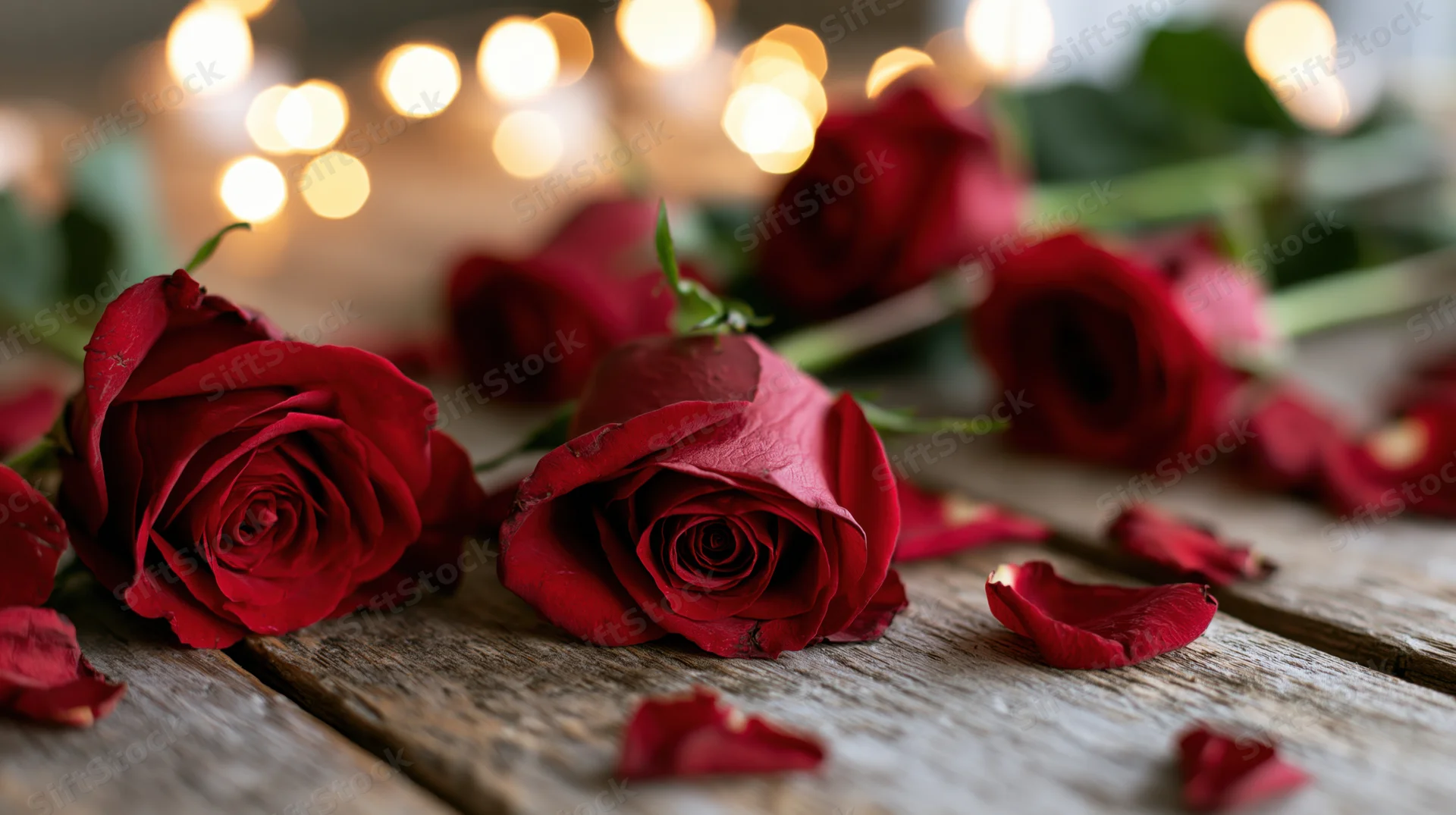 Red roses and scattered petals on a rustic wooden surface with warm bokeh lights in the background