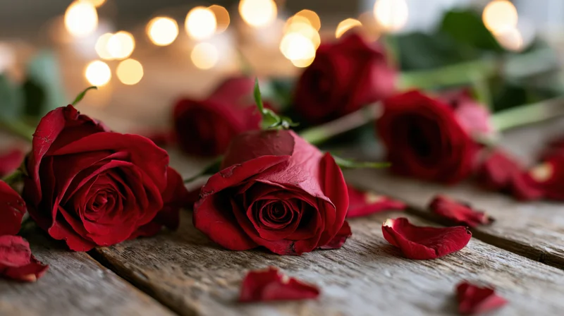 Red roses and scattered petals on a rustic wooden surface with warm bokeh lights in the background