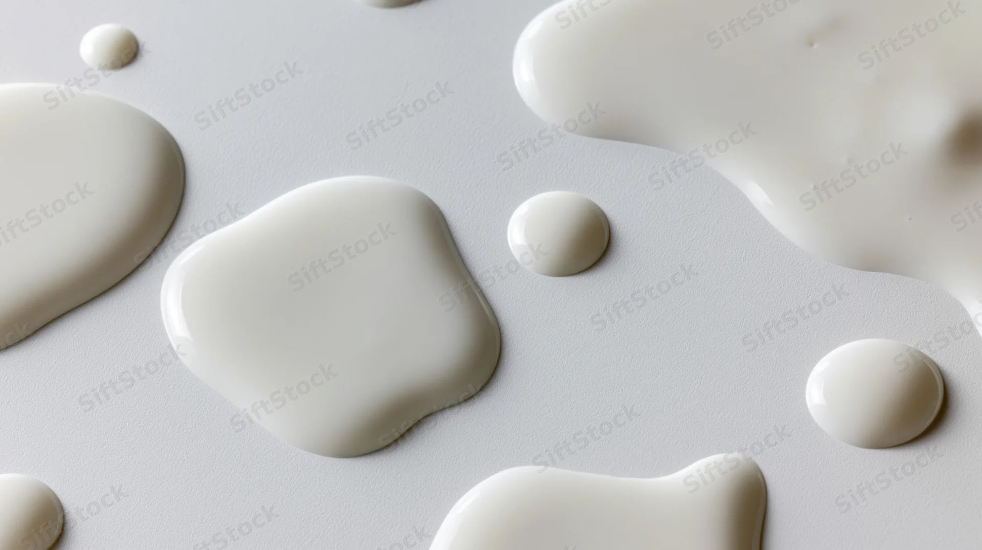 White liquid milk spilled in small puddles and droplets on a smooth surface