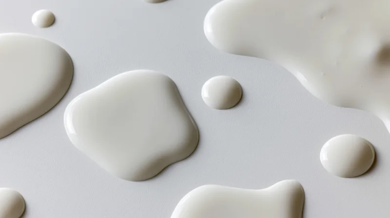 White liquid milk spilled in small puddles and droplets on a smooth surface