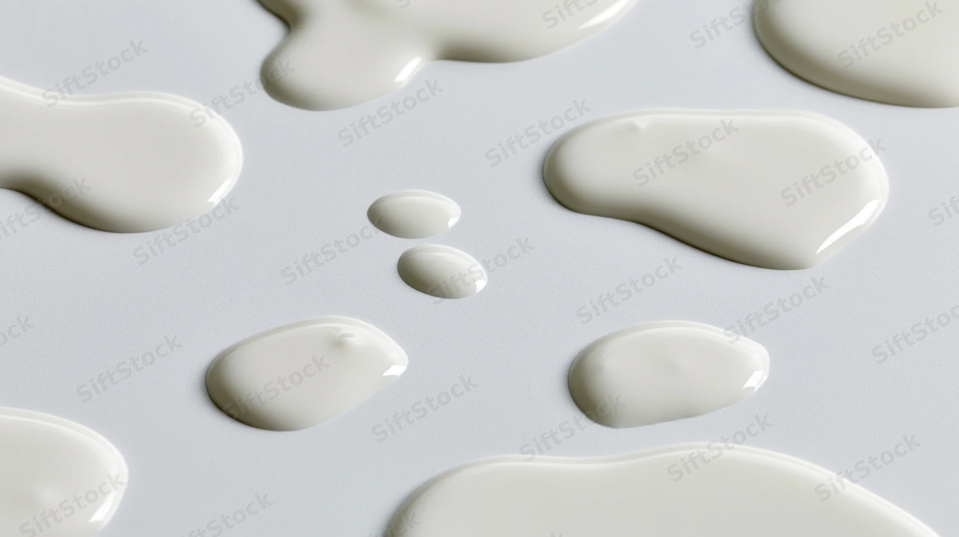 White liquid milk spilled in puddles and droplets on a smooth surface