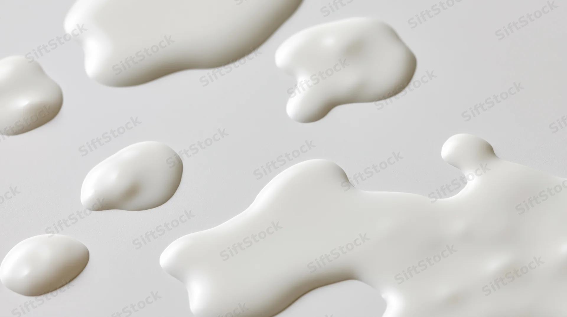 White liquid milk spilled in small puddles and droplets on a smooth surface