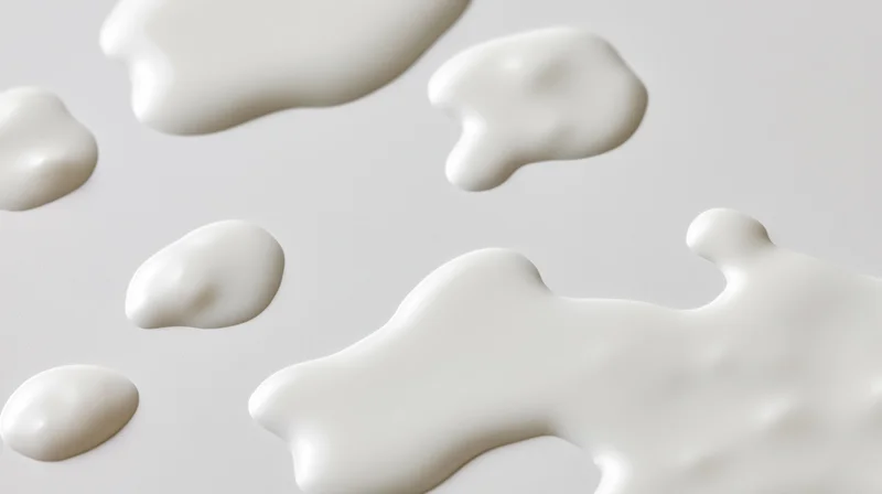 White liquid milk spilled in small puddles and droplets on a smooth surface