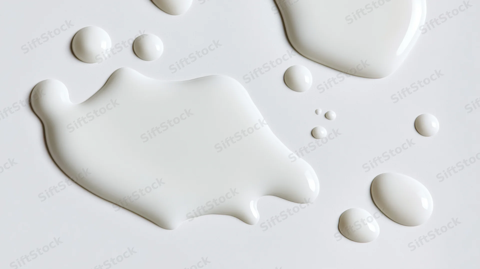 White liquid milk spilled in puddles and droplets on a smooth surface