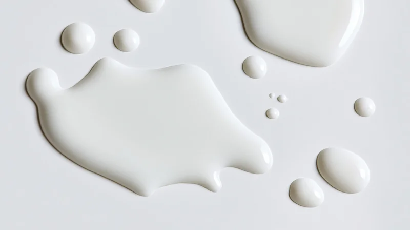 White liquid milk spilled in puddles and droplets on a smooth surface
