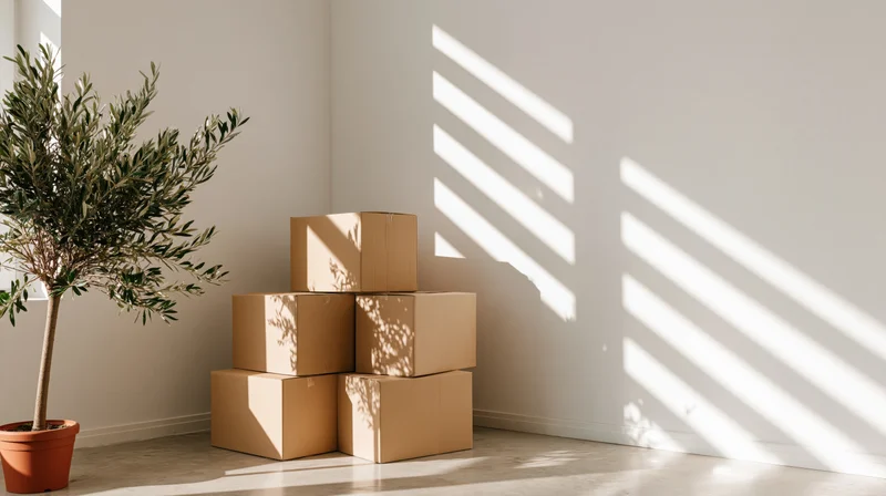 Stacked cardboard moving boxes in a corner of a bright minimalist room with sunlight casting striped shadows and a potted olive tree nearby