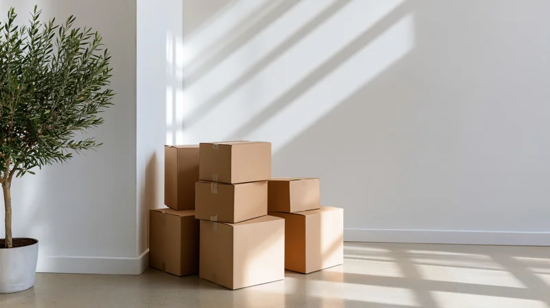Stacked cardboard moving boxes in a corner of a bright room with sunlight and a potted olive tree nearby