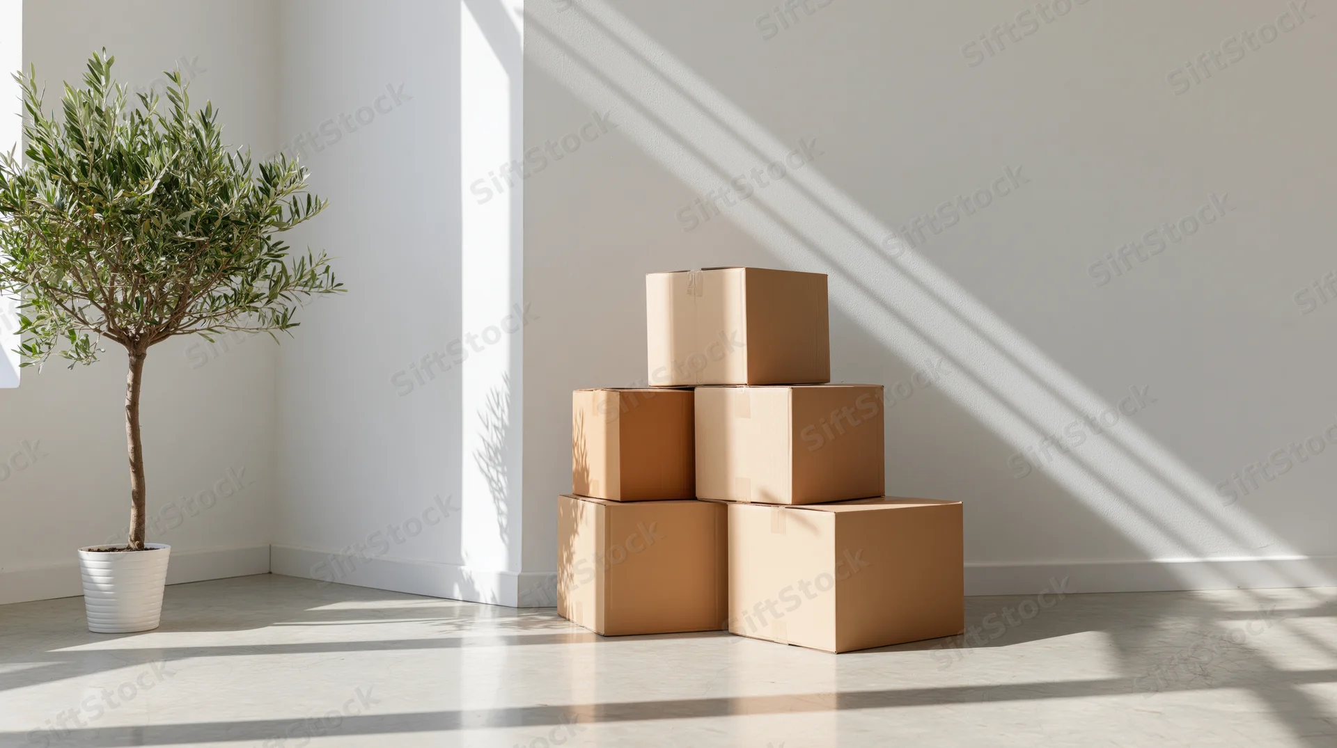 Stacked cardboard moving boxes in a sunlit room corner beside a potted olive tree