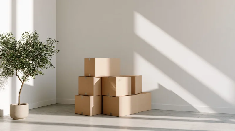 Stacked cardboard moving boxes in a bright corner of a minimalist room with a potted olive tree and sunlight casting shadows