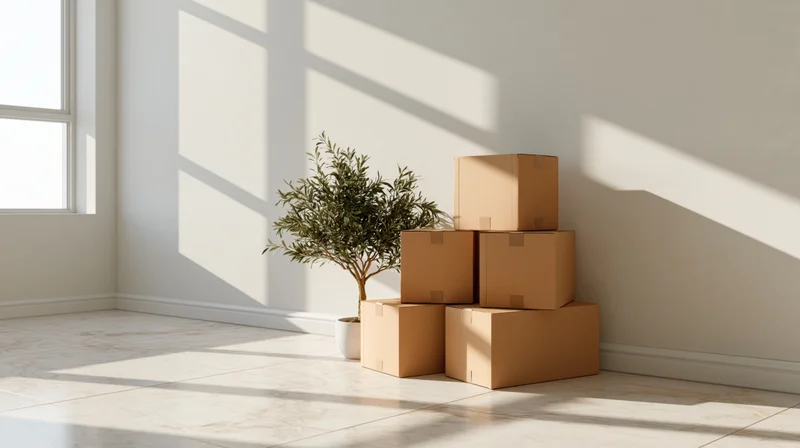 Stacked cardboard moving boxes in a corner of a bright minimalist room with sunlight and a potted plant