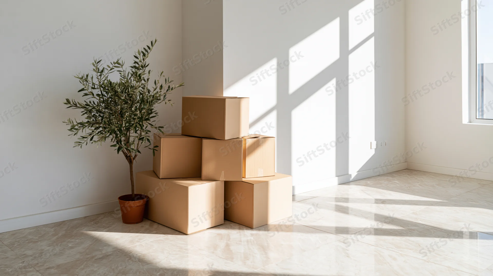 Stacked cardboard moving boxes in a corner of an empty room with sunlight and a potted olive plant