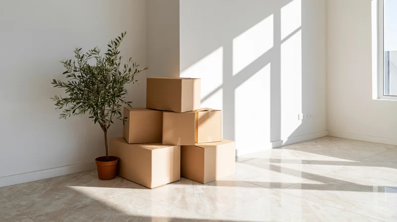 Stacked cardboard moving boxes in a corner of an empty room with sunlight and a potted olive plant