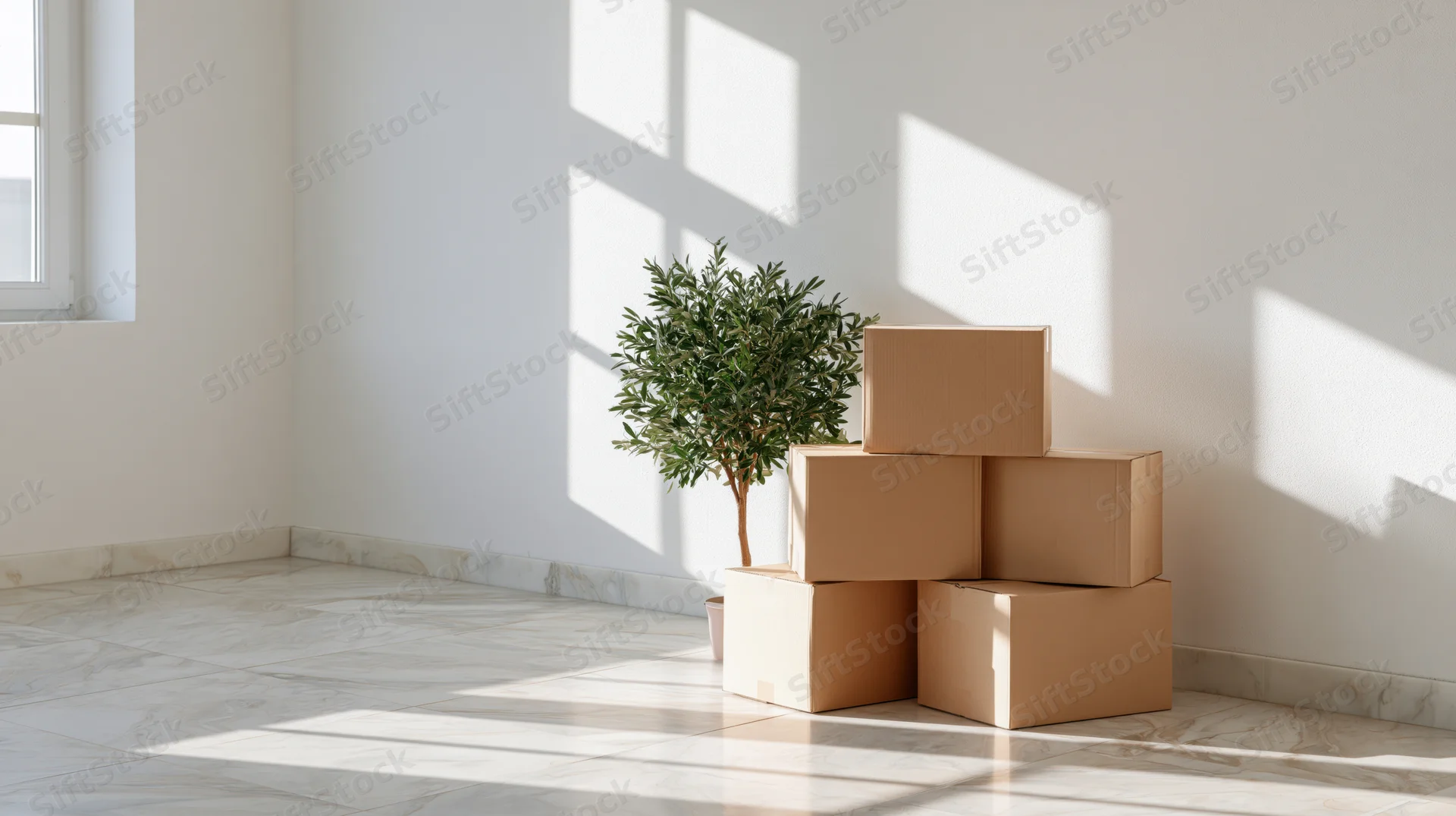 Stacked cardboard moving boxes in a sunlit corner of an empty room with a potted plant