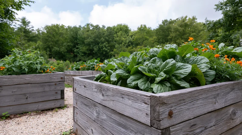 Weathered wooden raised garden beds filled with leafy green plants and orange flowers in an outdoor garden setting
