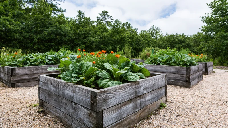 Weathered wooden raised garden beds filled with leafy green plants and orange flowers in an outdoor garden setting