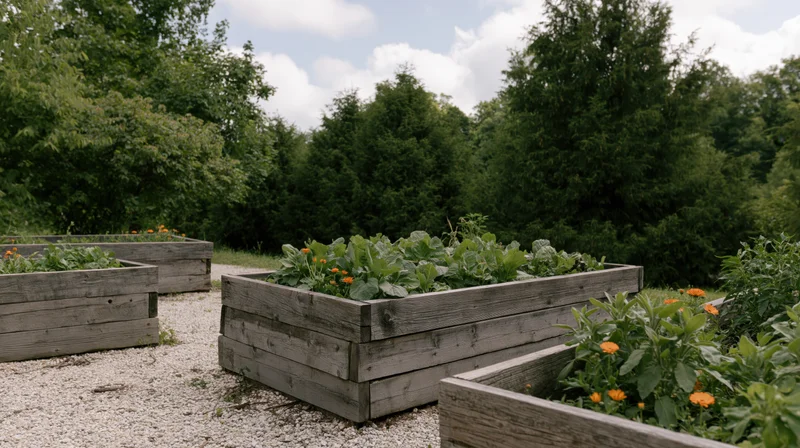 Weathered wooden raised garden beds filled with leafy green plants in an outdoor backyard garden setting