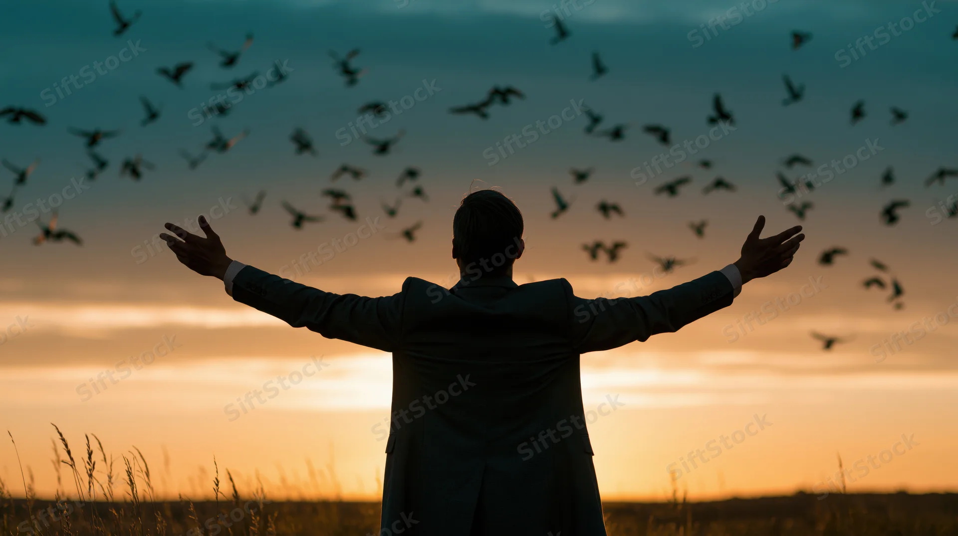 Silhouette of a man with arms spread wide in an open field at sunset