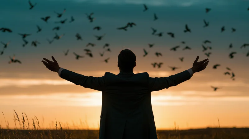 Silhouette of a man with arms spread wide in an open field at sunset