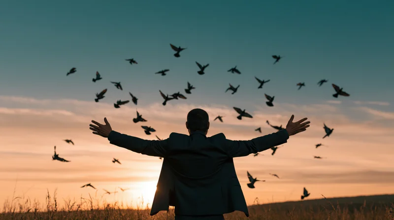 Man with arms outstretched in a field at sunset, silhouetted against flying birds
