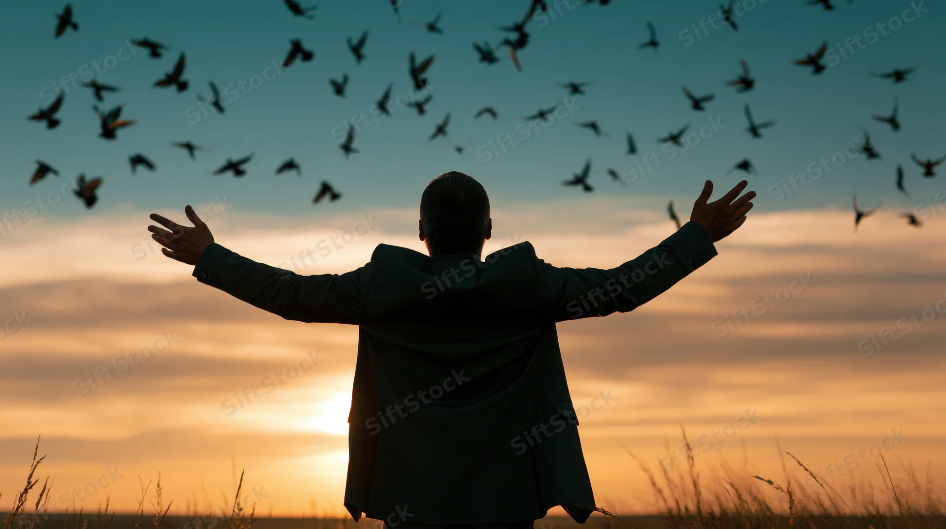 Silhouette of a man with arms outstretched standing in an open field at sunset