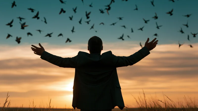 Silhouette of a man with arms outstretched standing in an open field at sunset