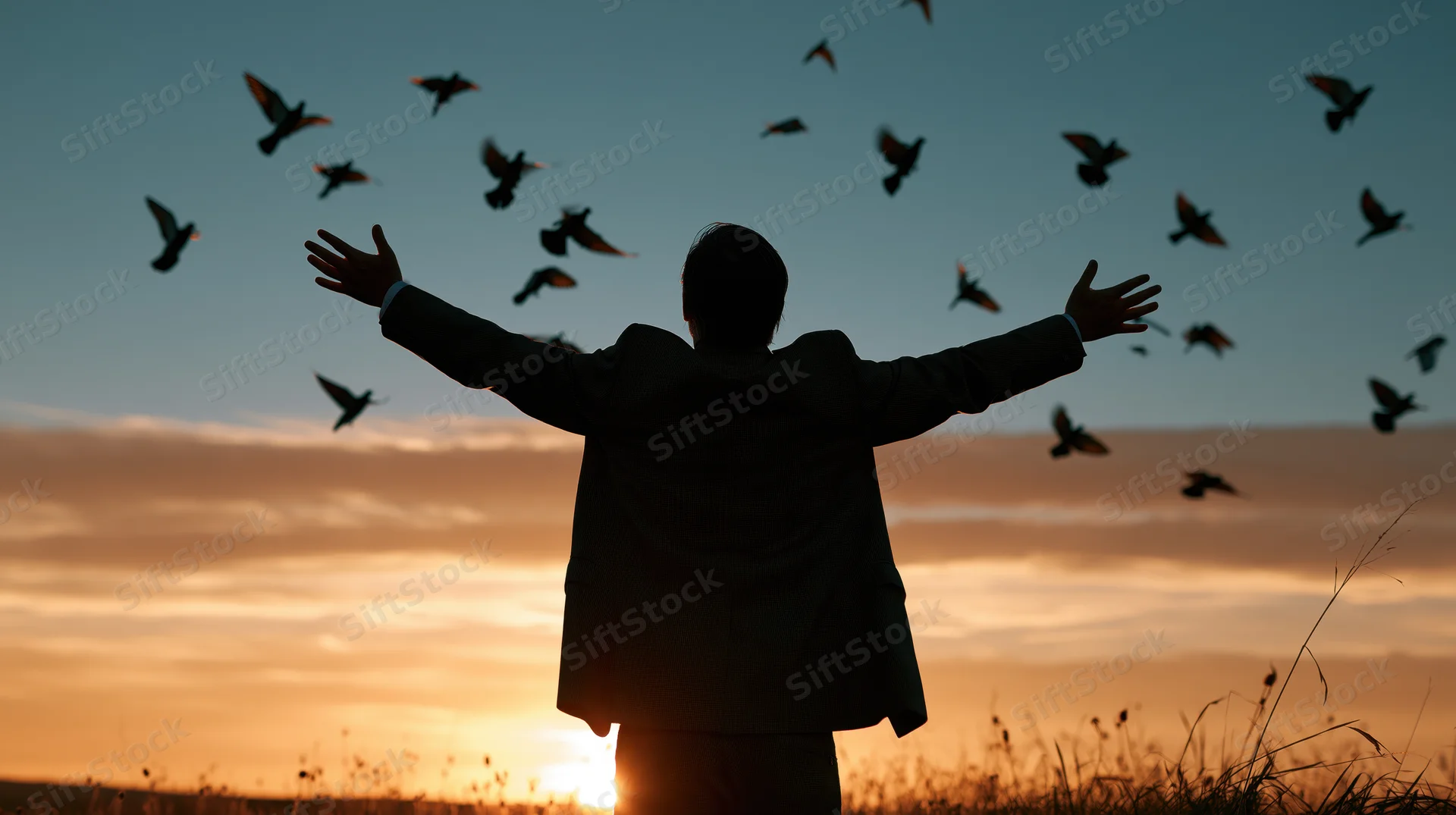 Silhouette of a man with arms outstretched in a field at sunset with birds flying around him