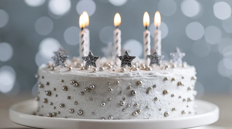 Silver-frosted birthday cake with lit candles and star decorations on a white cake stand