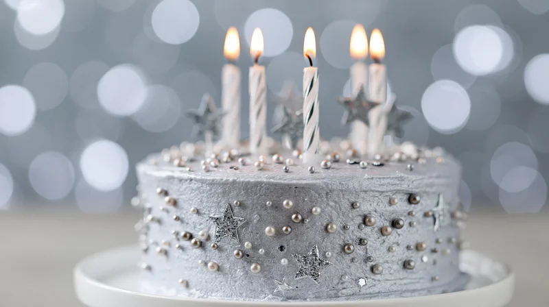 Silver-frosted birthday cake with lit candles and star decorations on a white stand