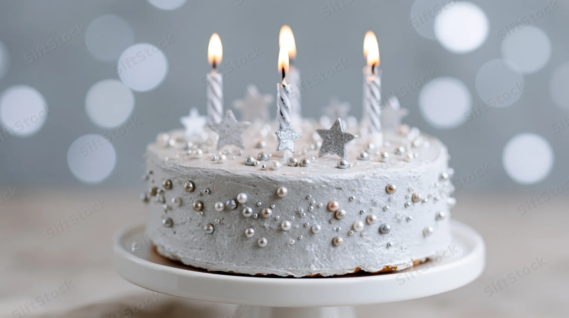 Silver-frosted birthday cake with lit candles and star decorations on a white cake stand