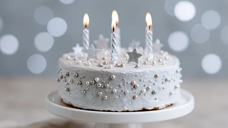 Silver-frosted birthday cake with lit candles and star decorations on a white cake stand