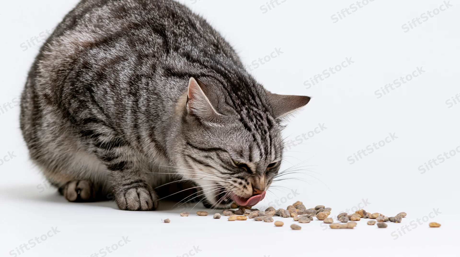 Silver tabby cat crouching low and eating dry kibble on white surface